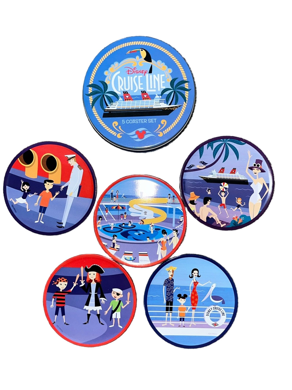SHAG Josh Agle Disney Cruise Line DCL Vintage Set Cork Metal Coasters Tin New